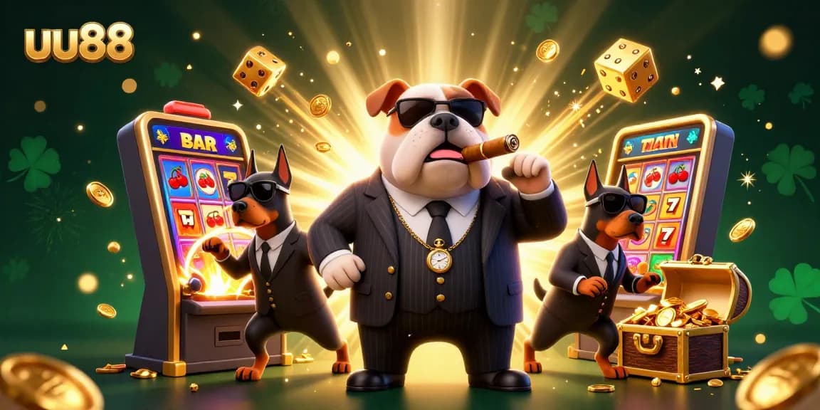 uu88 players engage with a dynamic slot machine bursting with jackpot coins in a vibrant casino scene.