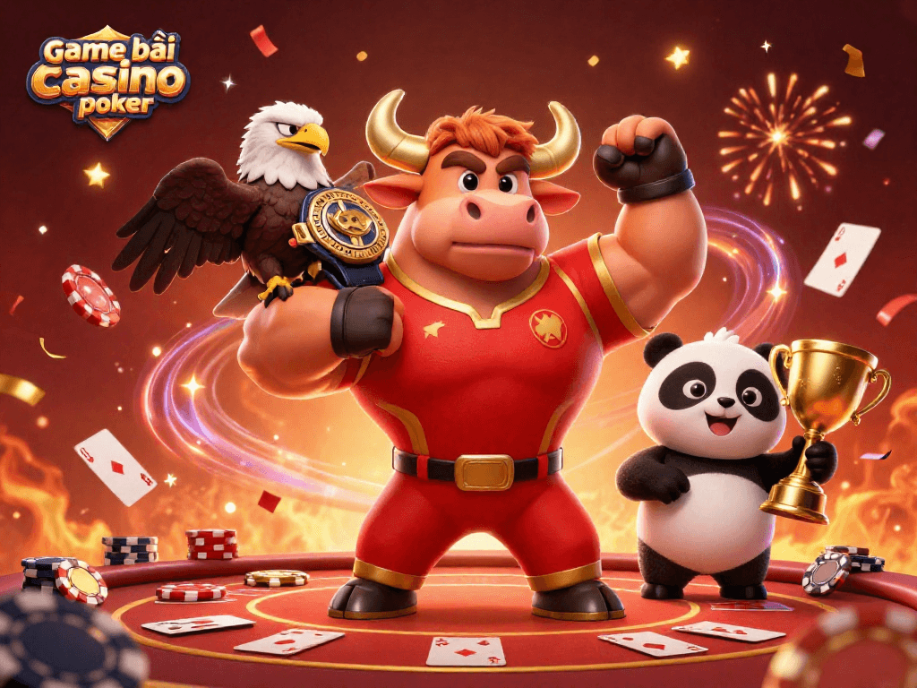 Experience thrilling game bài casino poker as festive characters celebrate winning with dynamic elements.