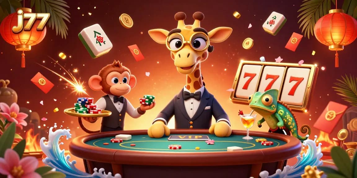 Bet big with j77 at a vibrant casino scene showcasing a giraffe, monkey, and chameleon in action.