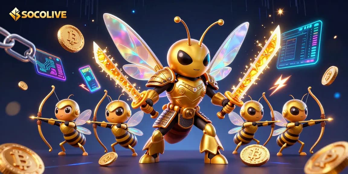 SOCOLIVE showcases a vibrant 3D scene with a golden hornet warrior amidst cryptocurrency elements and gaming excitement.