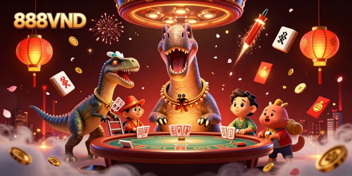 Play exciting games at 888VND with a unique casino atmosphere featuring a colorful dinosaur!