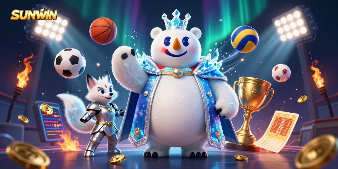 SUNWIN presents an exciting gaming scene featuring the polar bear king and allies engaging in vibrant sports action.