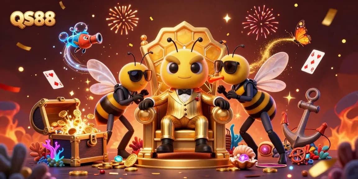 Experience the vibrant QS88 casino scene filled with treasures, games, and dynamic characters.