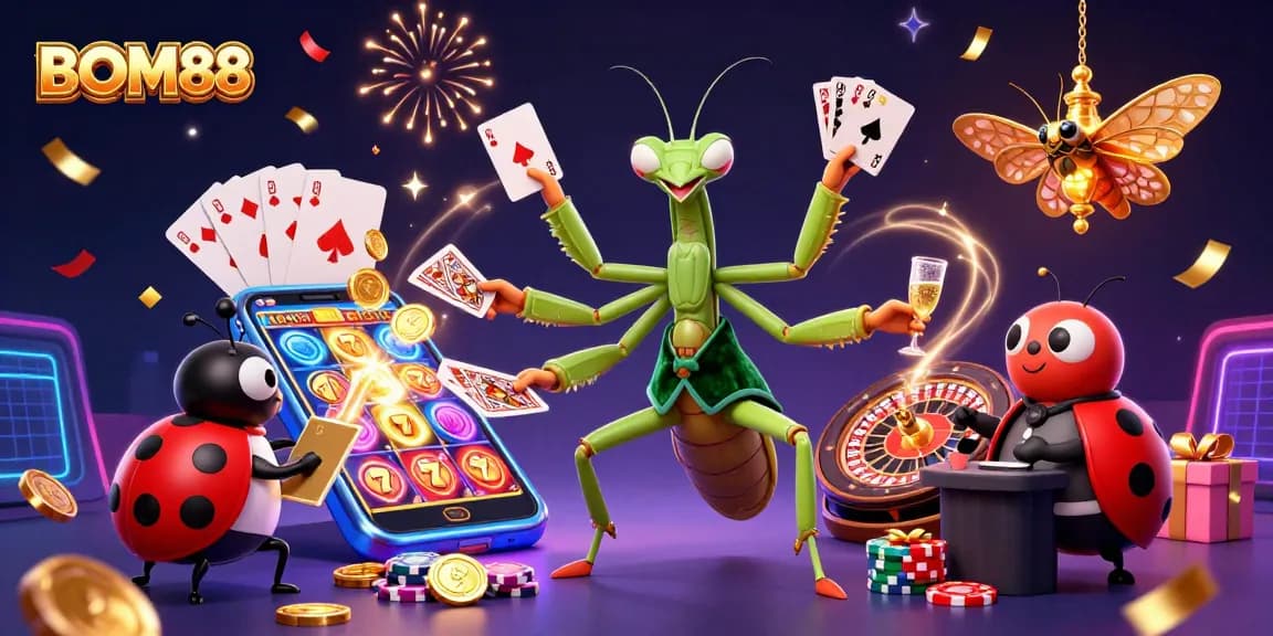 BOM88 features a vibrant casino scene with a praying mantis card sharp and ladybug pit boss amidst spinning slots and festive elements.
