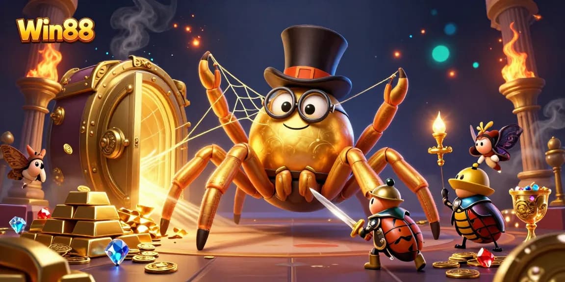 Win88's interactive gaming scene with delightful characters and golden treasures fulfilling excitement in online gaming.