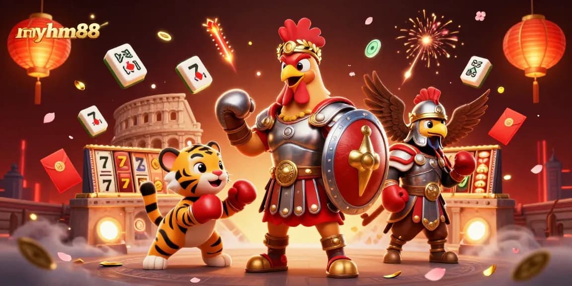 Experience thrilling gameplay with myhm88, featuring a gladiator rooster, tiger cub, and casino action.