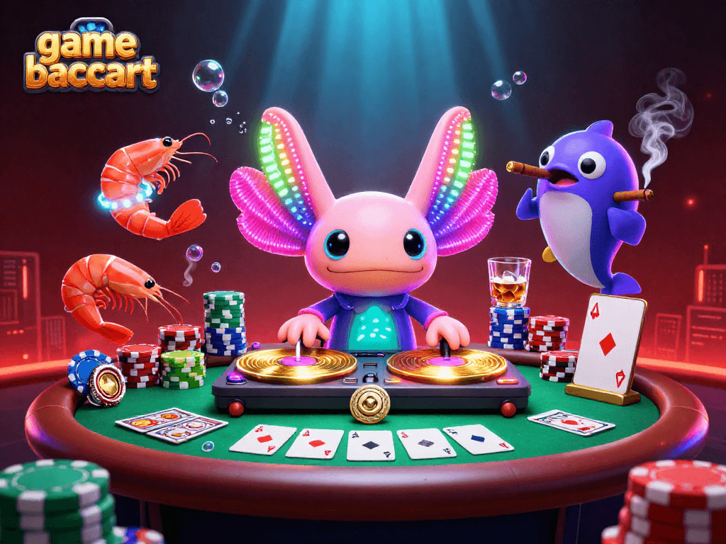 Engaging scene showcasing game baccarat with neon axolotl DJ, vibrant casino atmosphere.