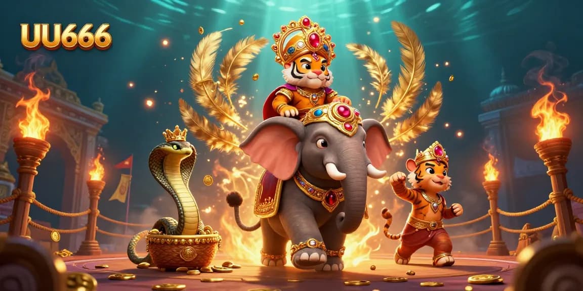 Engage with UU666's vibrant gambling scene featuring a maharaja tiger and jewel-encrusted elephant amidst casino excitement.