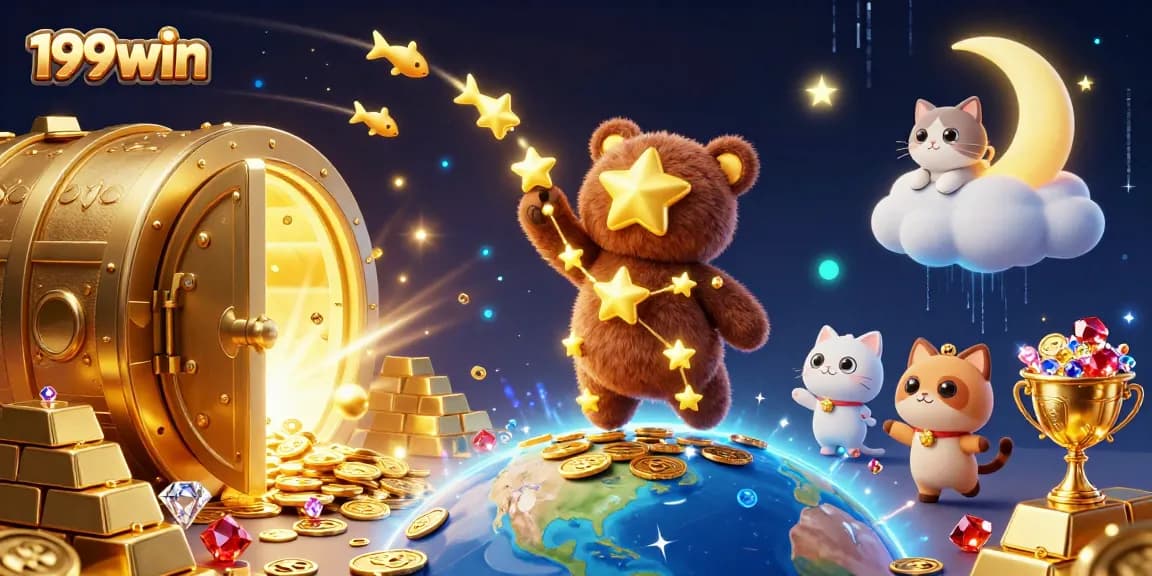 Experience the thrill of 199win with a captivating 3D scene featuring celestial characters collecting coins.
