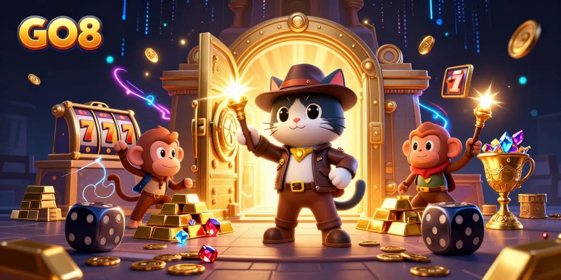 GO8 explorers uncovering treasures in a vibrant casino-themed adventure with rich elements.