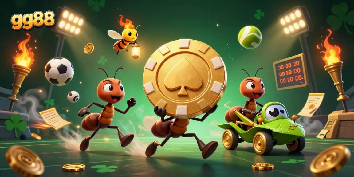 Experience the excitement of gg88 as ants execute a heist with a giant poker chip in a vibrant, gambling-themed illustration.