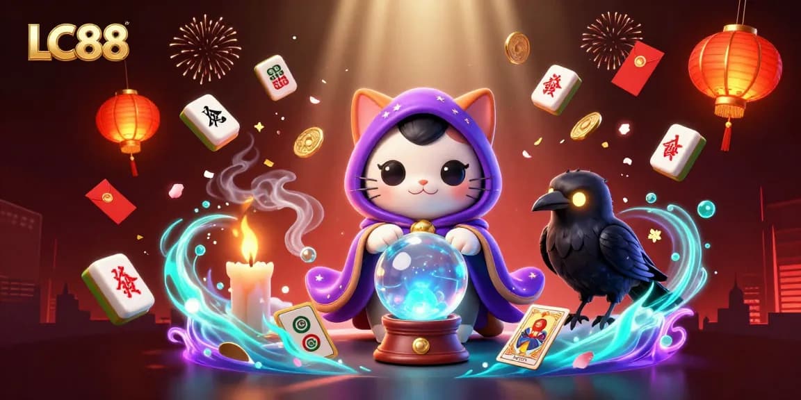 Experience fortune at LC88 with a mystical cat and a tarot-card raven in a vibrant casino scene.