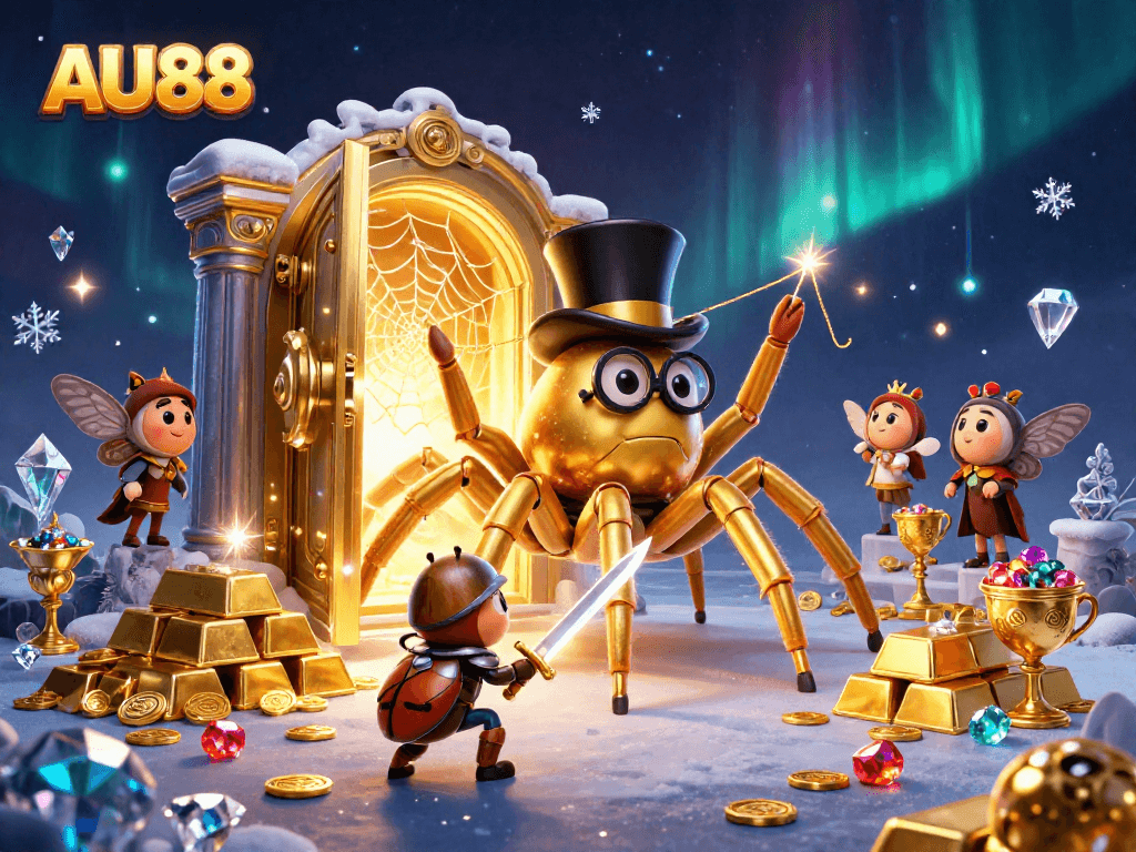 Engage with AU88's thrilling atmosphere featuring a golden tarantula and knight in a vibrant casino setting.