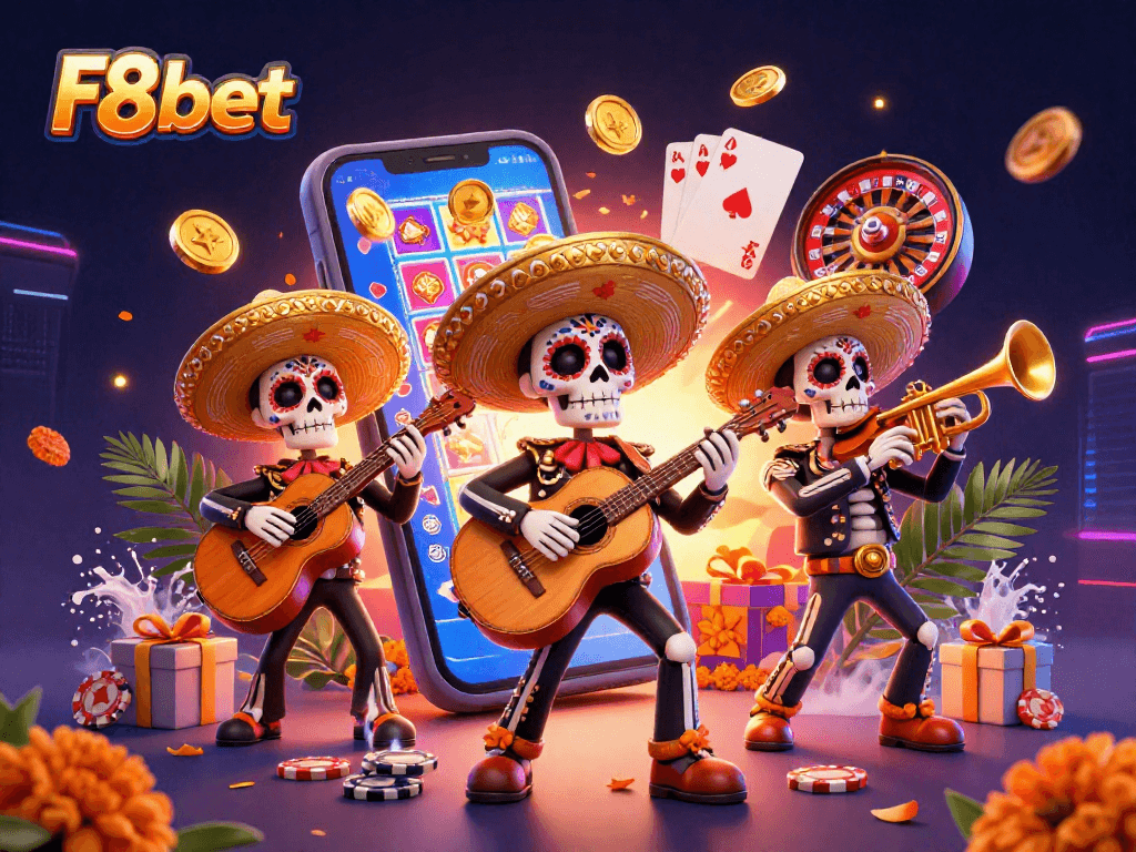 Win big at F8bet with this colorful 3D casino scene showcasing vibrant game elements.