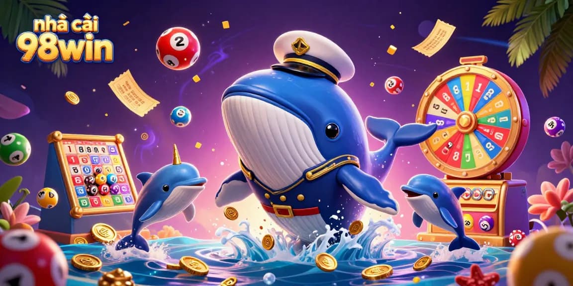 Spin and win at nhà cái 98win surrounded by colorful lottery elements and playful sea creatures.