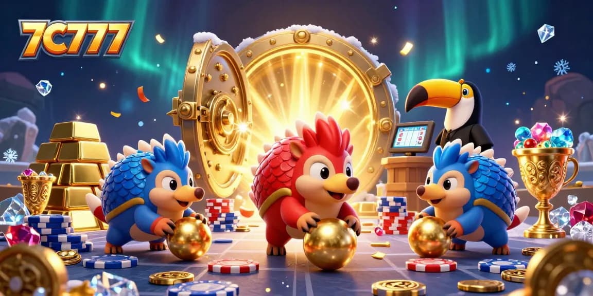 Pangolins at 7C777 roll through poker chips in a vibrant casino scene with gold treasures.