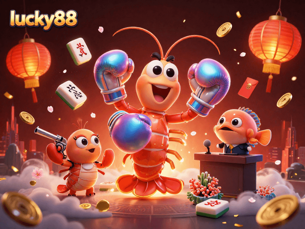 Engage with lucky88, showcasing a vibrant 3D scene of gambling excitement and festive elements.
