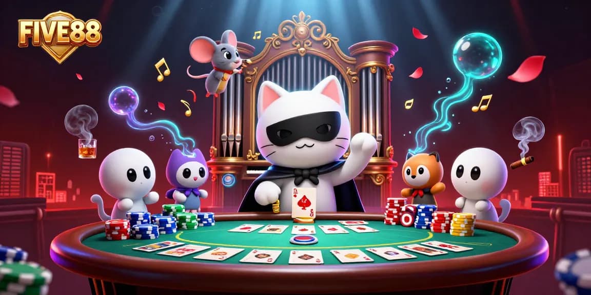 Experience the excitement of FIVE88's casino scene with poker elements and vibrant visuals.