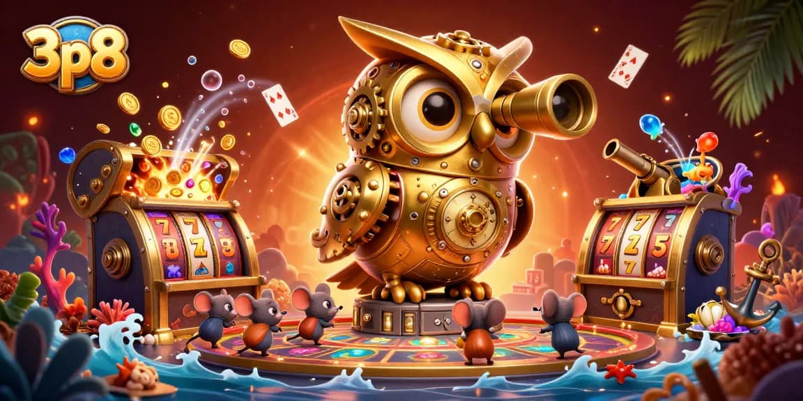 Engage with 3p8's thrilling casino atmosphere featuring a clockwork owl amidst vibrant game elements.