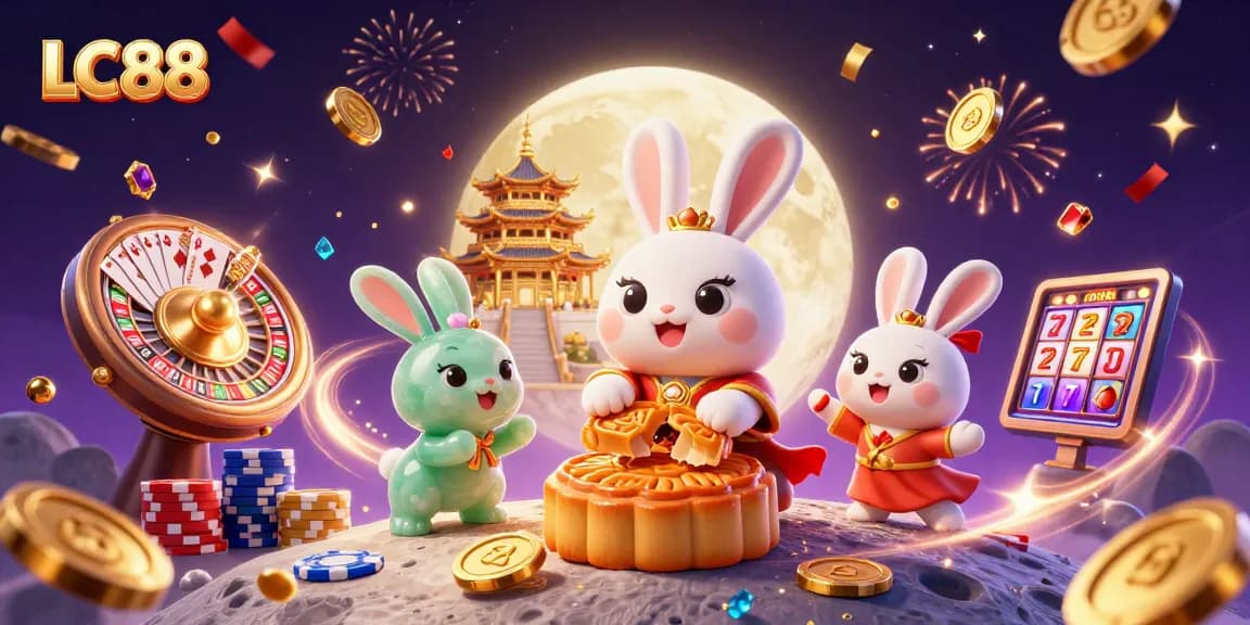 Experience the thrilling world of LC88 with a vibrant casino illustration showcasing a playful moon rabbit symbolizing luck and fortune.