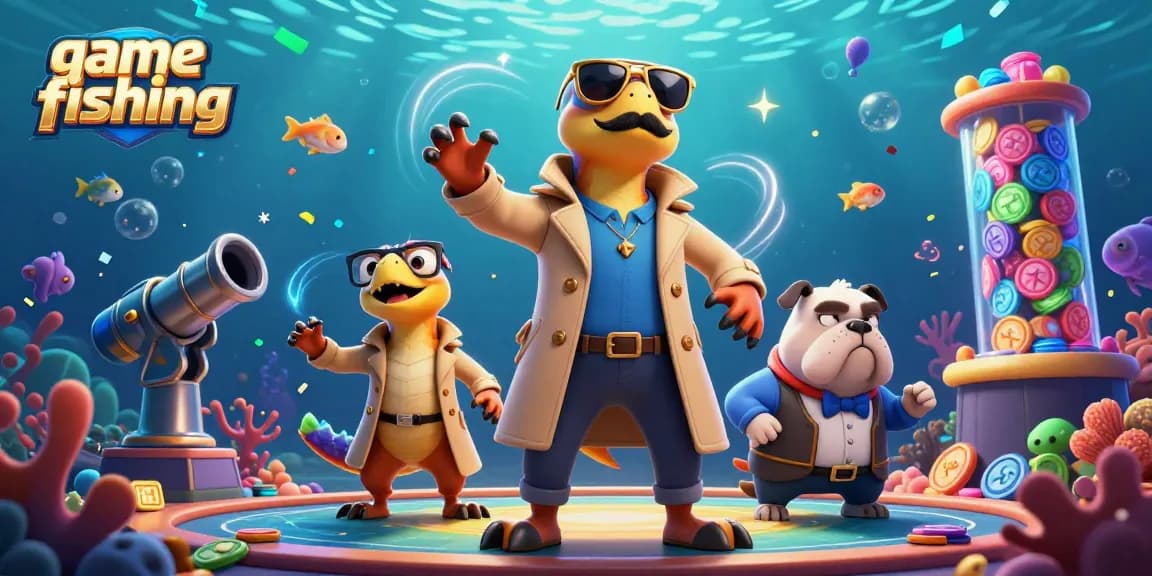 Engage in game fishing with raptors in a trench coat navigating a magical underwater scene.