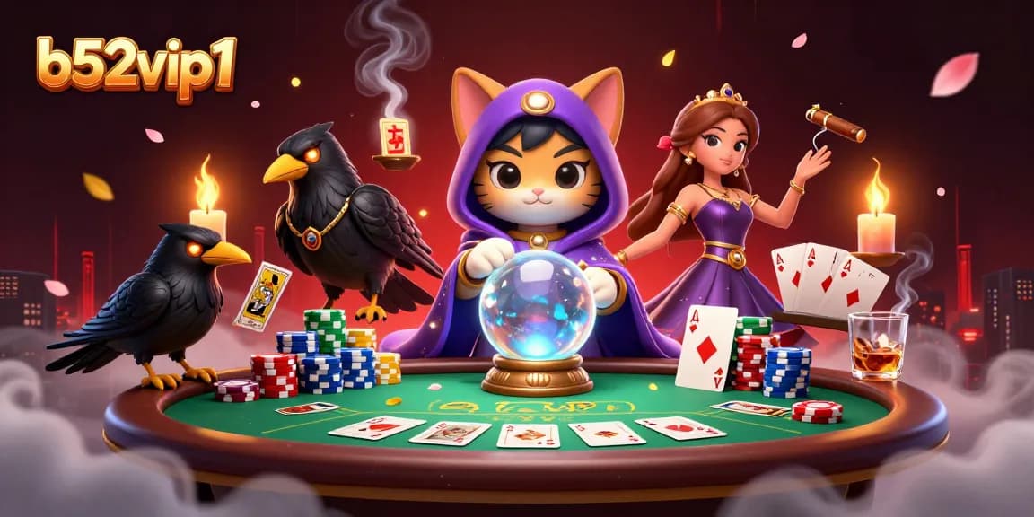 Play poker at b52vip1 with a mystical cat, raven, and colorful chips in dynamic casino atmosphere.
