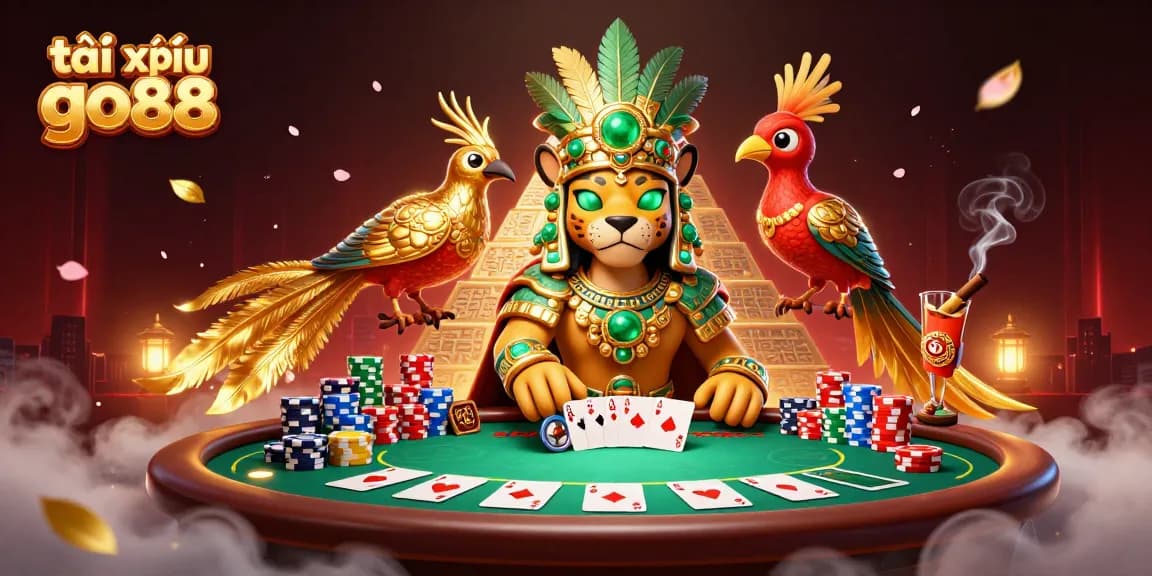 Experience tài xỉu go88 with an exciting scene of a Mayan jaguar priest at a vibrant poker table.