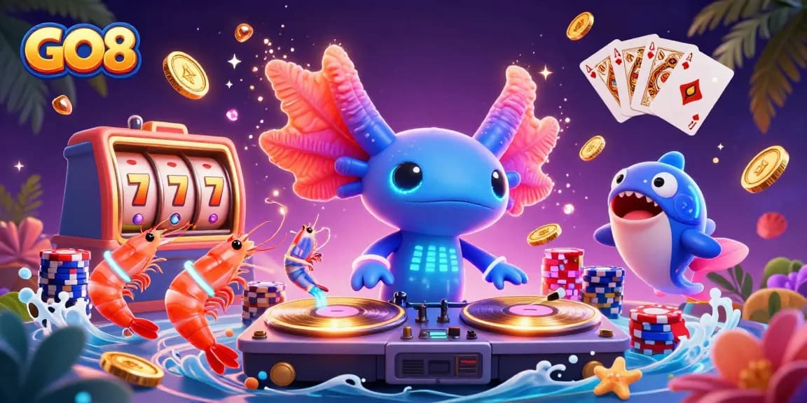 GO8 showcases a vibrant casino party featuring a DJ axolotl and exciting game elements.