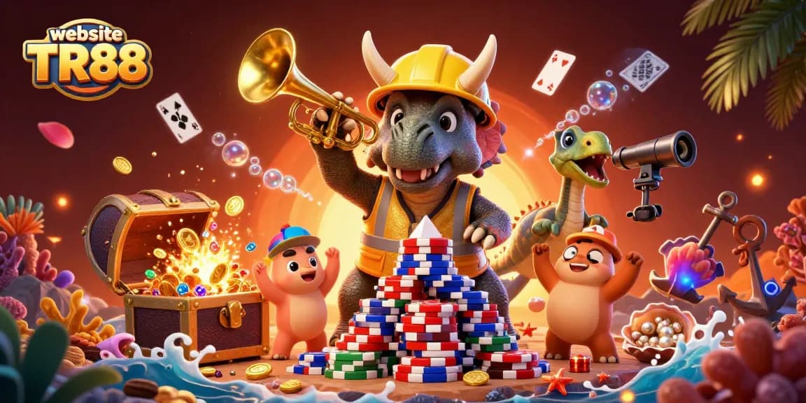 Experience excitement on the website TR88 with a vibrant 3D casino scene celebrating wins.