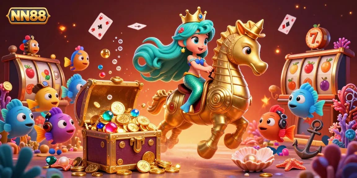 Engage with NN88's vibrant underwater casino scene featuring a mermaid princess and her adventure.