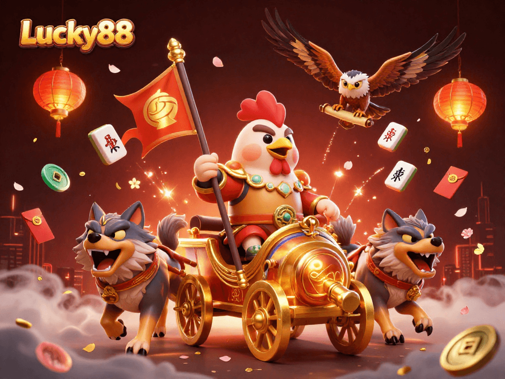 Experience Lucky88 with a dynamic illustration of a rooster warlord amidst casino elements