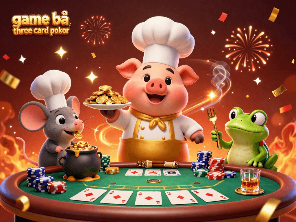 Engage in game bài three card poker with 3D characters celebrating at a vibrant gaming table.