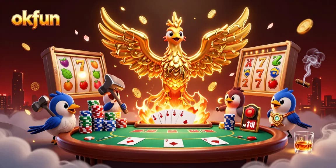 Experience the thrill with okfun's golden phoenix showcasing a vibrant casino scene.