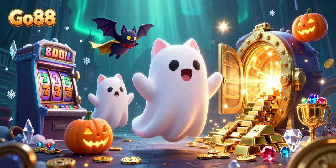 Play slots and win big with Go88 in a haunted casino featuring spooky characters and treasures.