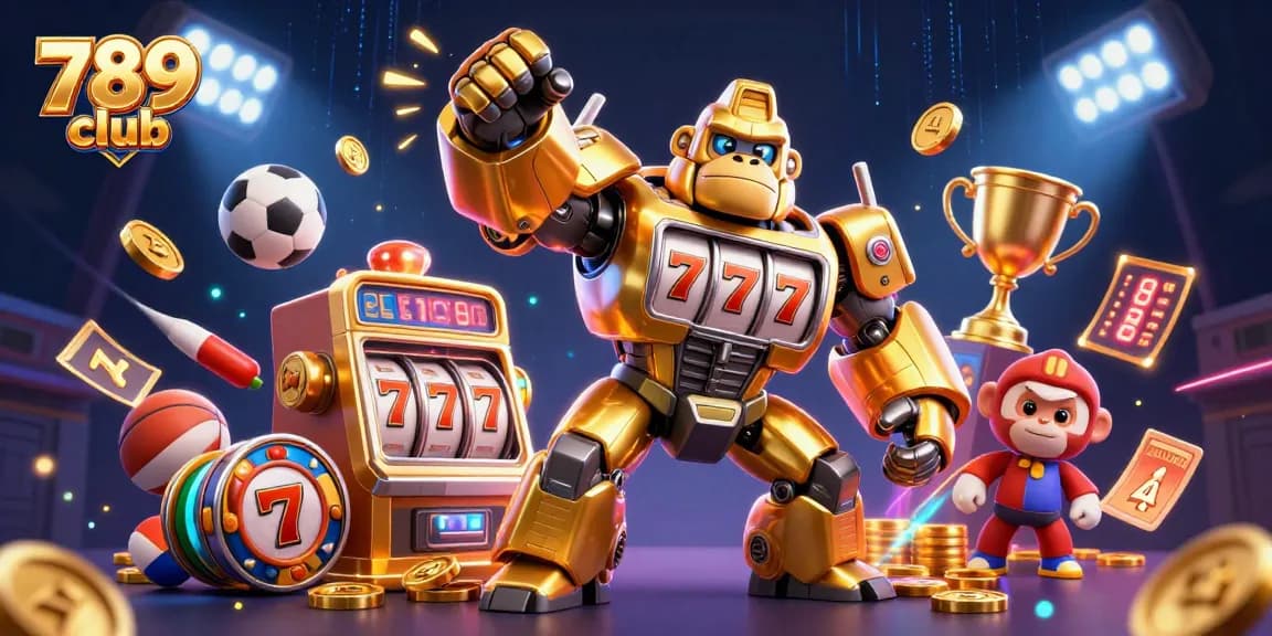 Engage with thrilling 789 club gameplay featuring a golden gorilla mech and dynamic sports elements.
