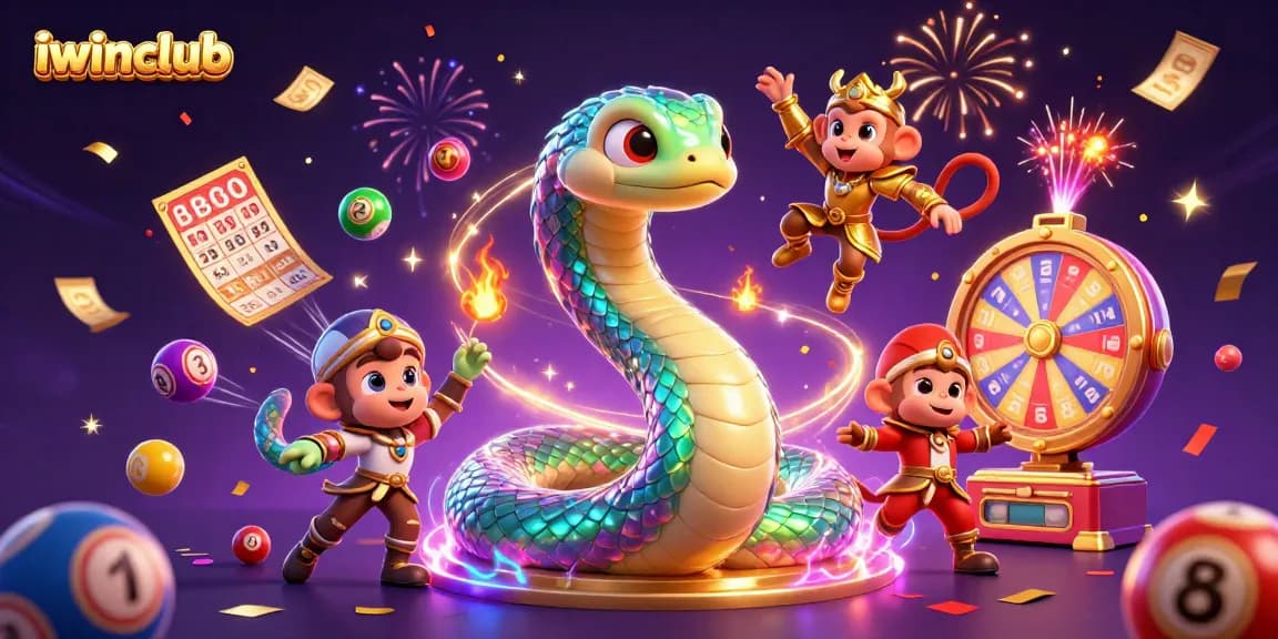 Play and win at iwinclub with an exciting 3D illustration showcasing vibrant casino elements and characters.