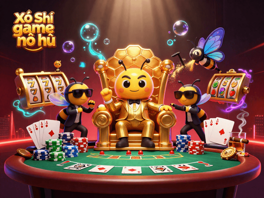 Xổ Số game nổ hũ scene featuring a charming bumblebee mob boss, vibrant poker elements, and dynamic jackpot symbols.