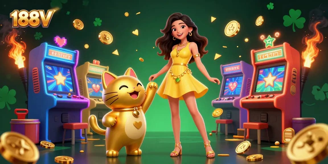 Experience the excitement of 188V online casino with vibrant gaming elements and a cheerful interaction.