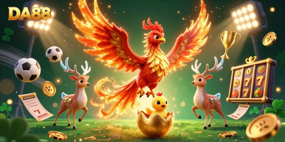 Experience the thrill of DA88 with vibrant phoenixes and sports elements in a stunning 3D scene.