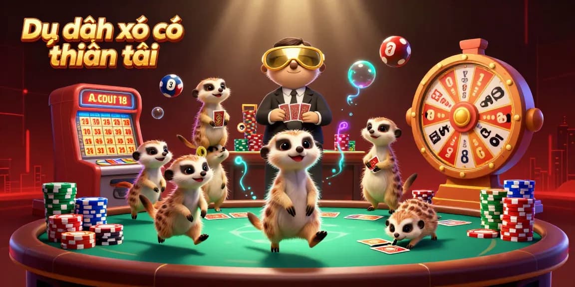 Dự đoán xổ số thần tài with dynamic meerkats in a casino scene featuring lottery elements and vibrant colors.