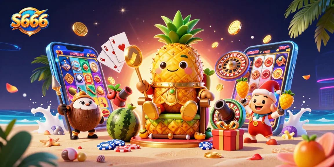 S666 players winning big at a vibrant casino scene featuring a lively pineapple king and exciting games.