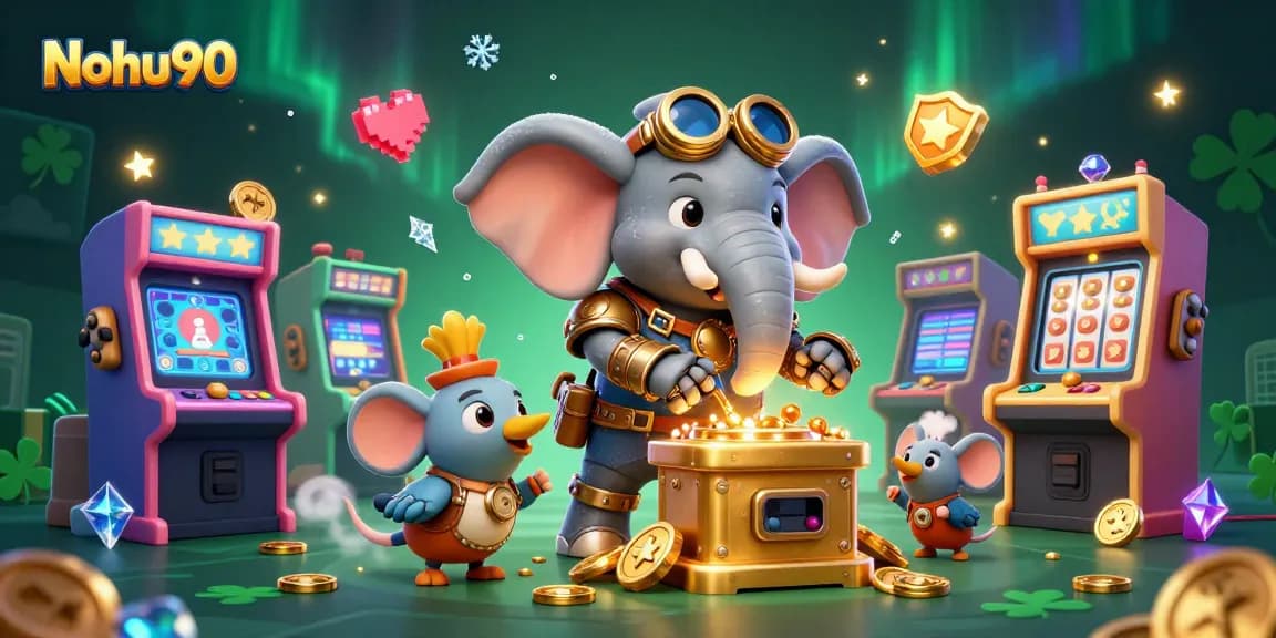 Nohu90 offers a thrilling casino experience featuring a steampunk elephant operating a slot machine with vibrant game elements.