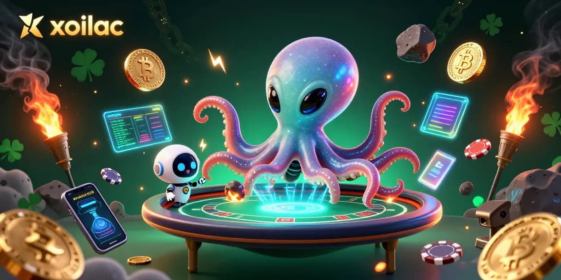 Bet on xoilac for thrilling poker action with an alien octopus dealing holographic cards and chips.