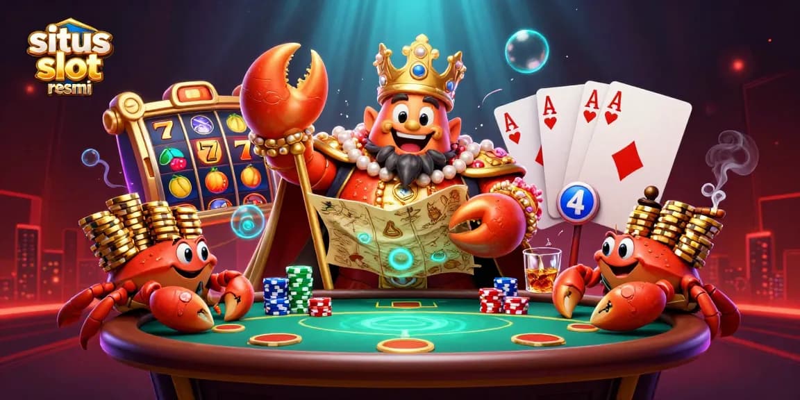 Spin the reels at situs slot resmi with golden crab emperor amidst vibrant slot elements and poker chips.