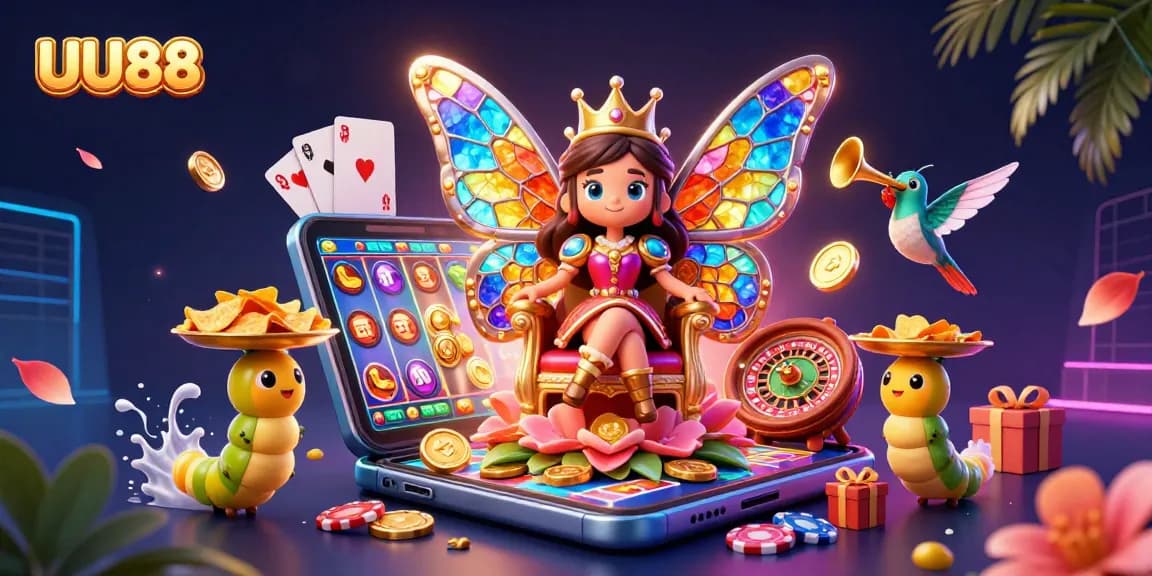 Experience thrilling gameplay at UU88 with a vibrant 3D digital illustration featuring a majestic butterfly queen.