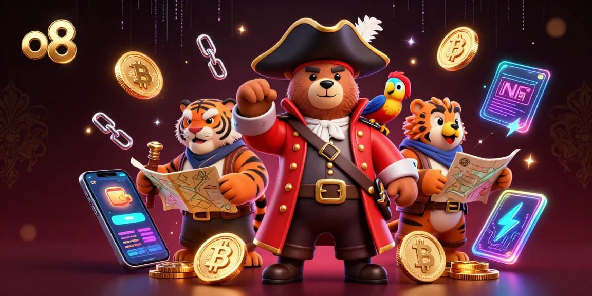 Experience winning strategies at o8 with a vibrant 3D casino scene depicting crypto coins and a pirate theme.