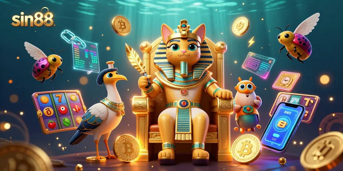 Experience sin88 in this vibrant casino scene with pharaoh cat and animated crypto elements.