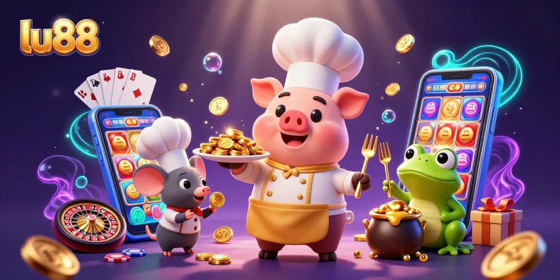 lu88 gaming scene with a chef pig, mouse, and frog amidst colorful slot elements