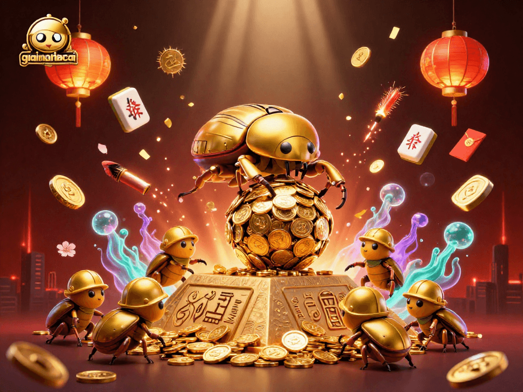 Experience excitement at Giaimanhacai with golden beetles rolling coins in a vibrant casino scene.