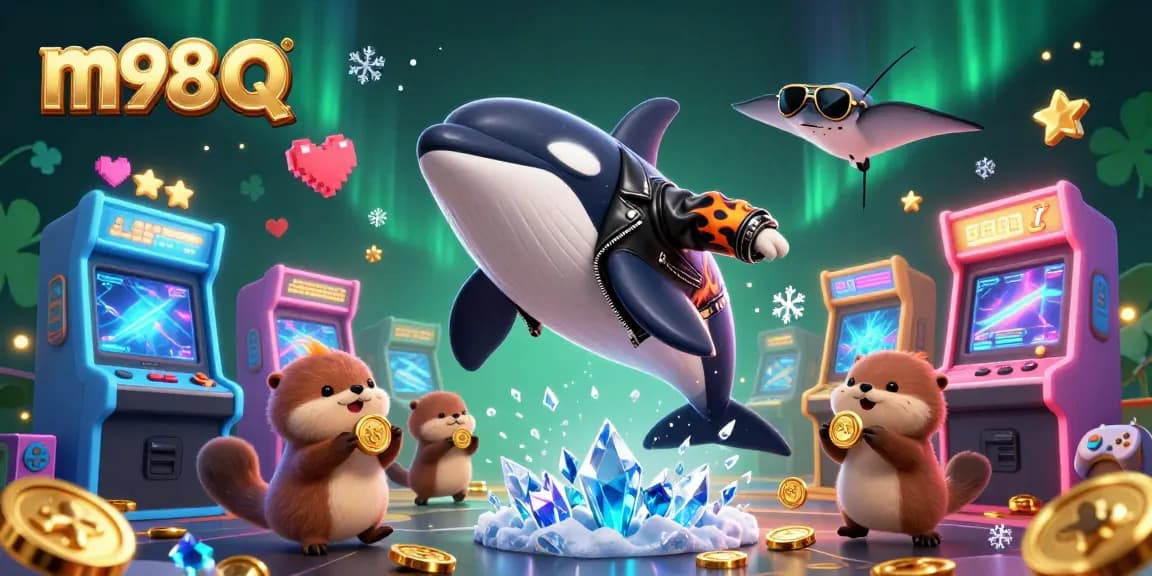 Engage in thrilling gaming at m98 q with animated orca, stingray, and otters surrounded by vibrant casino elements.